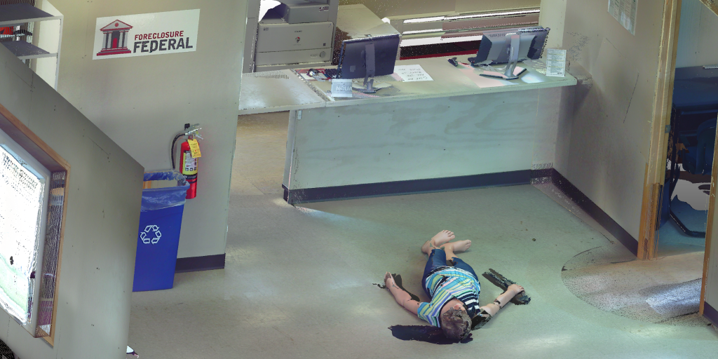 3D view of a mock crime scene bank robbery