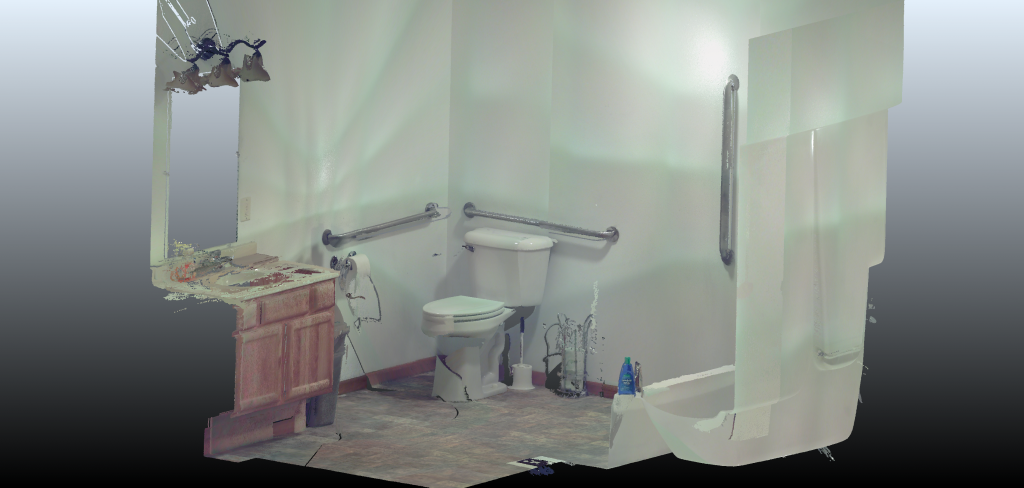 3D view of a mock crime scene bathroom