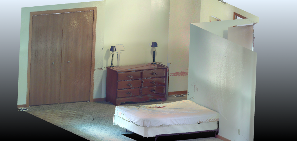 3D view of a mock crime scene bedroom