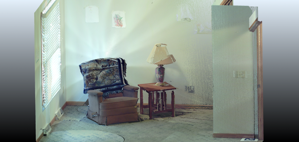 3D view of a mock crime scene living room