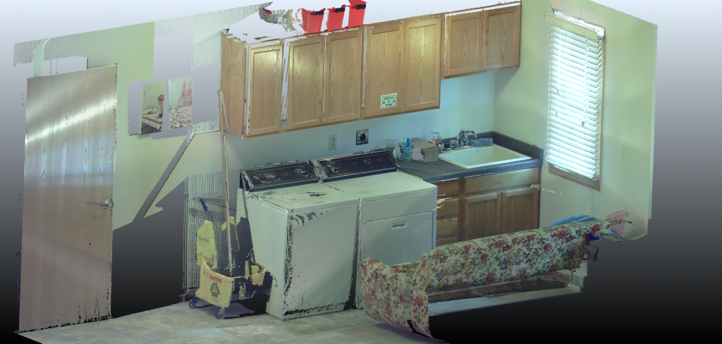 3D view of a mock crime scene laundry room