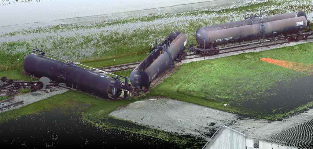 3D view of a mock crime scene train crash